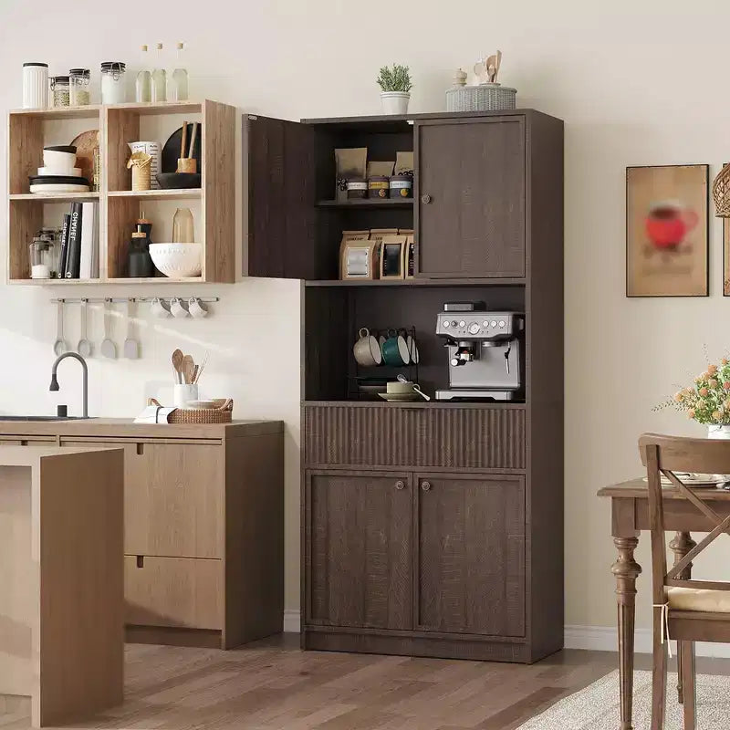 70 Tall Kitchen Pantry Cabinet, Fluted Wooden Cupboard Storage Cabinet with Adjustable Shelves, Freestanding Bathroom Storage Cabinet