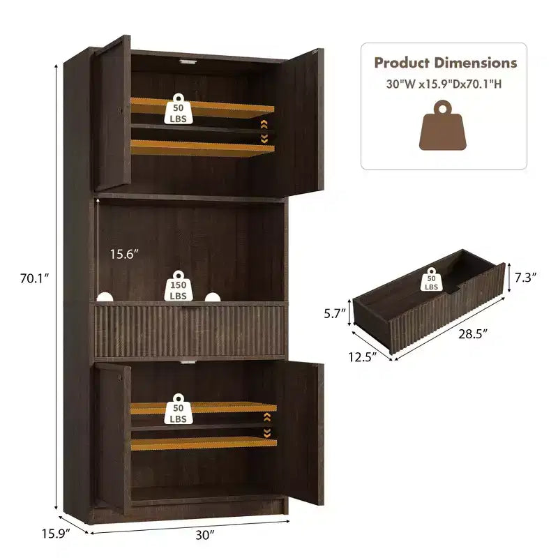70 Tall Kitchen Pantry Cabinet, Fluted Wooden Cupboard Storage Cabinet with Adjustable Shelves, Freestanding Bathroom Storage Cabinet