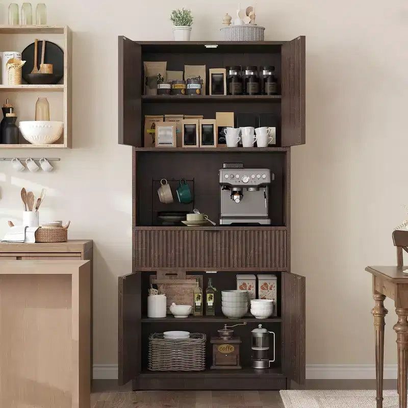 70 Tall Kitchen Pantry Cabinet, Fluted Wooden Cupboard Storage Cabinet with Adjustable Shelves, Freestanding Bathroom Storage Cabinet