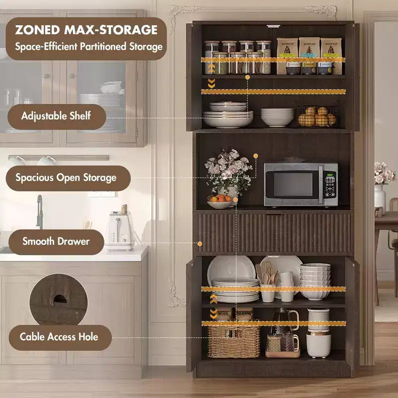 70 Tall Kitchen Pantry Cabinet, Fluted Wooden Cupboard Storage Cabinet with Adjustable Shelves, Freestanding Bathroom Storage Cabinet