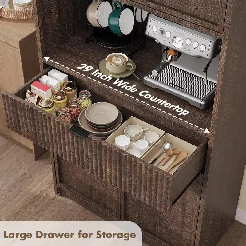 70 Tall Kitchen Pantry Cabinet, Fluted Wooden Cupboard Storage Cabinet with Adjustable Shelves, Freestanding Bathroom Storage Cabinet