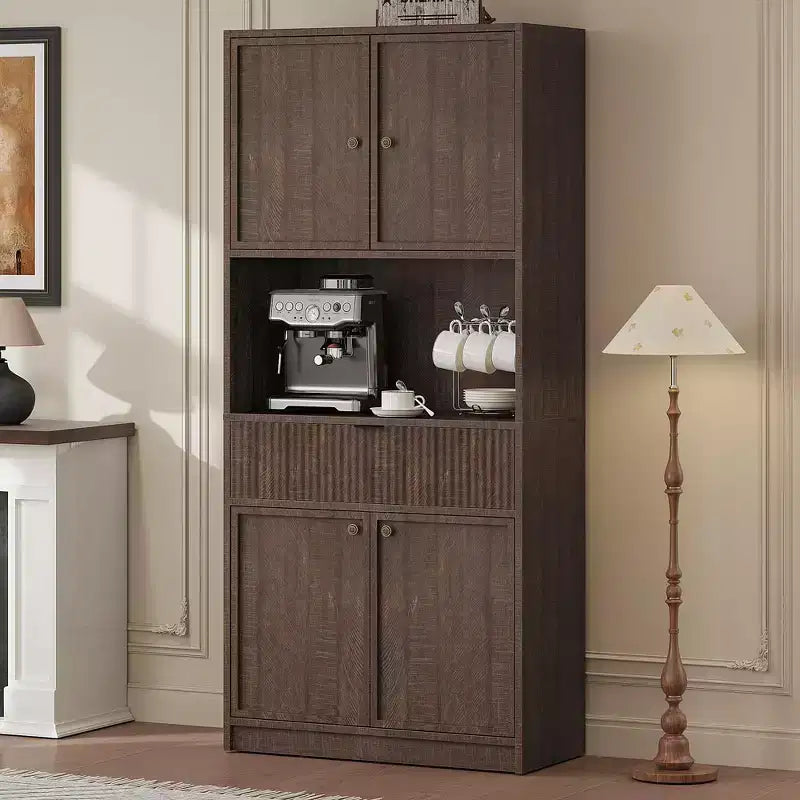 70 Tall Kitchen Pantry Cabinet, Fluted Wooden Cupboard Storage Cabinet with Adjustable Shelves, Freestanding Bathroom Storage Cabinet
