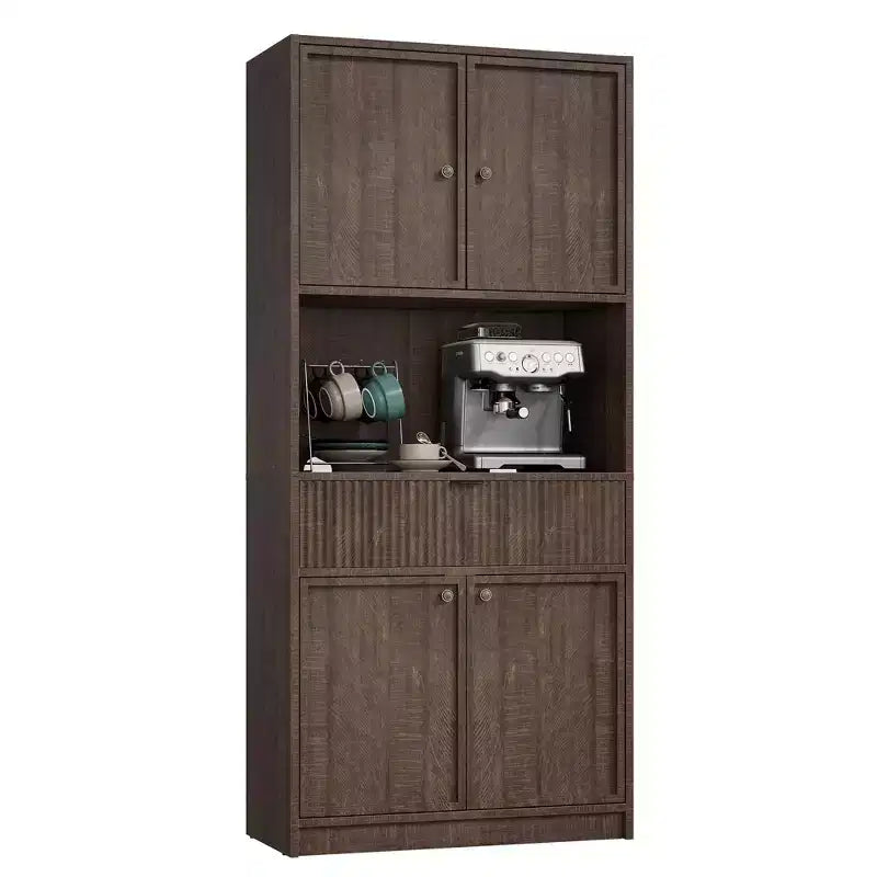 70 Tall Kitchen Pantry Cabinet, Fluted Wooden Cupboard Storage Cabinet with Adjustable Shelves, Freestanding Bathroom Storage Cabinet