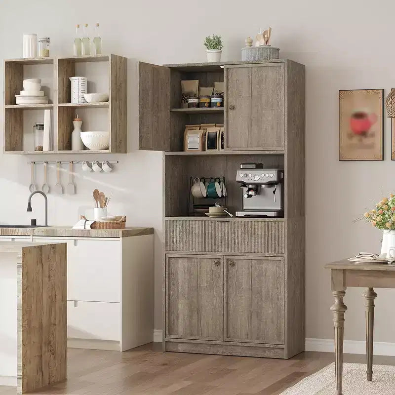 70 Tall Kitchen Pantry Cabinet, Fluted Wooden Cupboard Storage Cabinet with Adjustable Shelves, Freestanding Bathroom Storage Cabinet