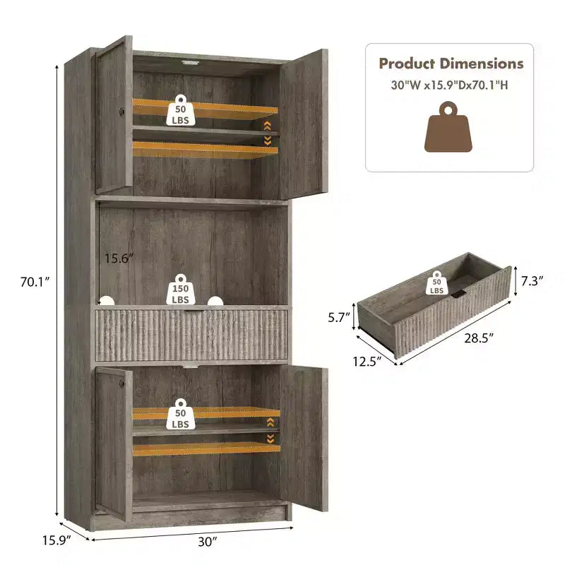 70 Tall Kitchen Pantry Cabinet, Fluted Wooden Cupboard Storage Cabinet with Adjustable Shelves, Freestanding Bathroom Storage Cabinet