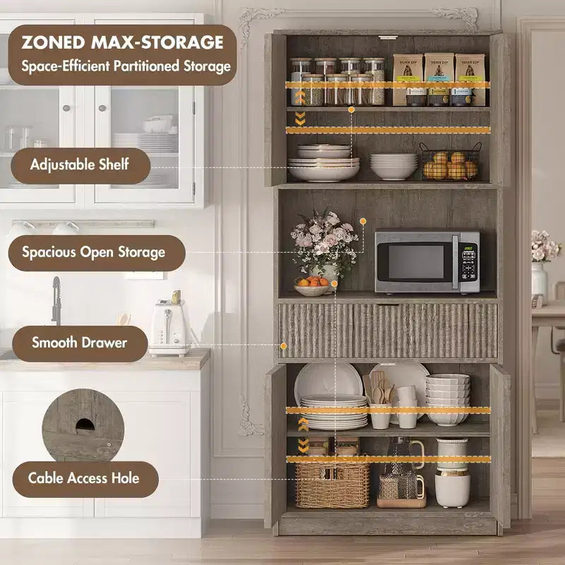 70 Tall Kitchen Pantry Cabinet, Fluted Wooden Cupboard Storage Cabinet with Adjustable Shelves, Freestanding Bathroom Storage Cabinet