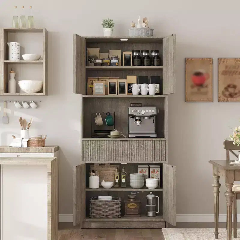 70 Tall Kitchen Pantry Cabinet, Fluted Wooden Cupboard Storage Cabinet with Adjustable Shelves, Freestanding Bathroom Storage Cabinet