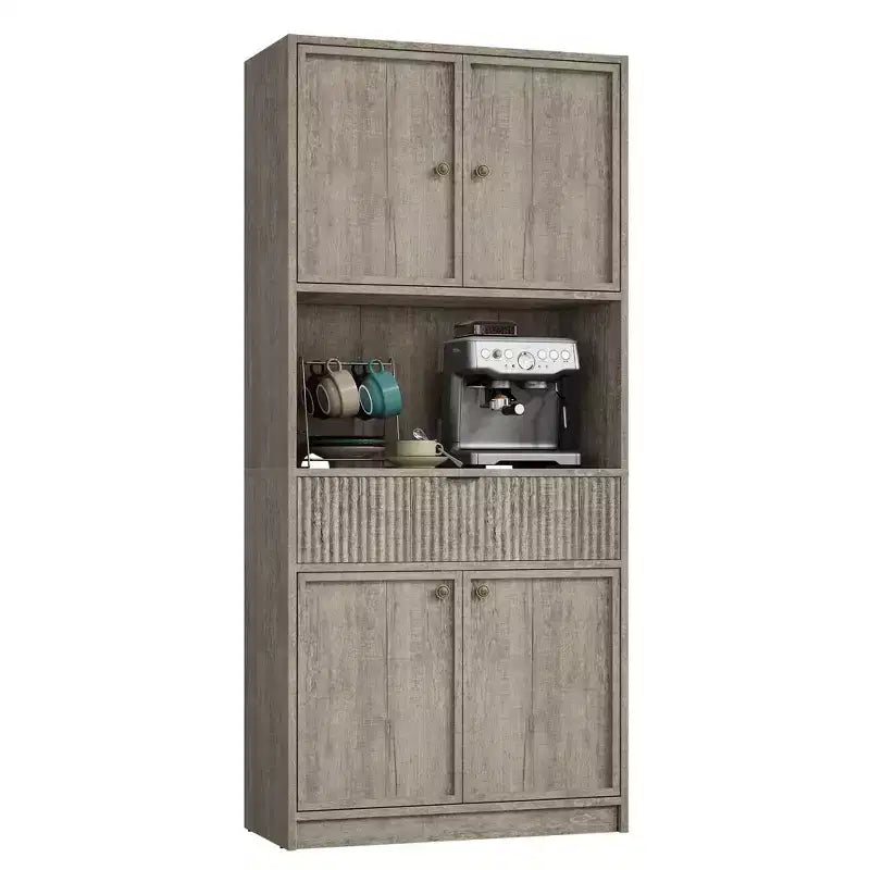 70 Tall Kitchen Pantry Cabinet, Fluted Wooden Cupboard Storage Cabinet with Adjustable Shelves, Freestanding Bathroom Storage Cabinet