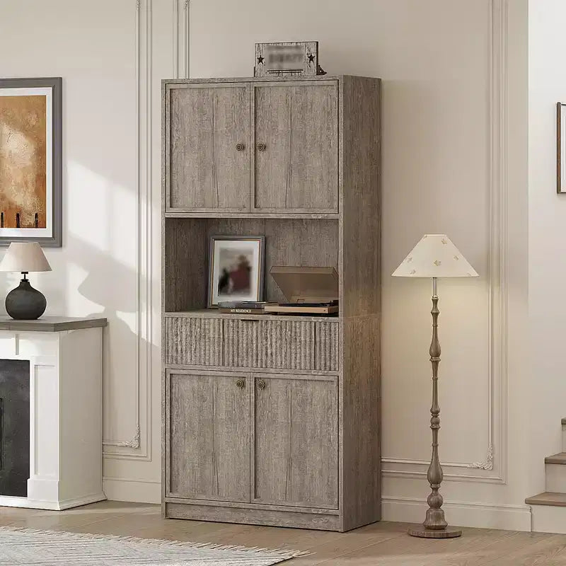 70 Tall Kitchen Pantry Cabinet, Fluted Wooden Cupboard Storage Cabinet with Adjustable Shelves, Freestanding Bathroom Storage Cabinet