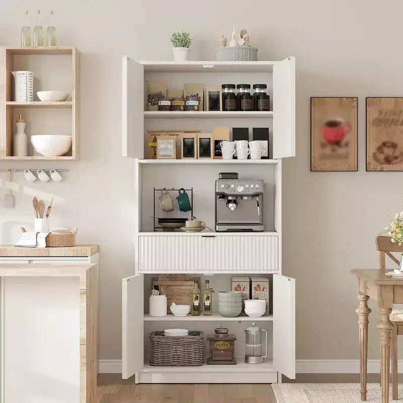 70 Tall Kitchen Pantry Cabinet, Fluted Wooden Cupboard Storage Cabinet with Adjustable Shelves, Freestanding Bathroom Storage Cabinet