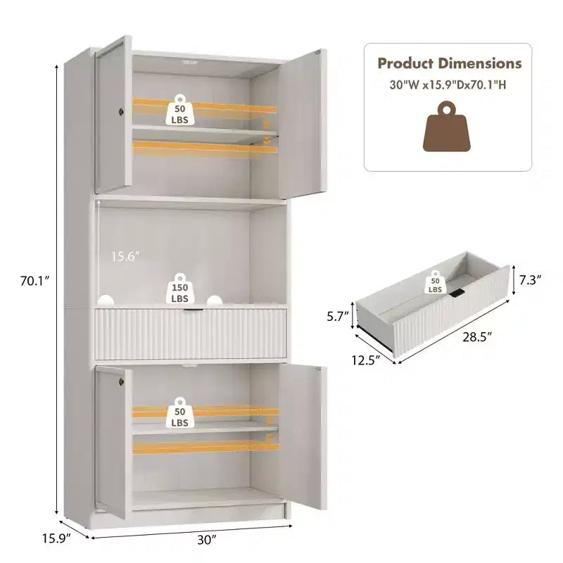 70 Tall Kitchen Pantry Cabinet, Fluted Wooden Cupboard Storage Cabinet with Adjustable Shelves, Freestanding Bathroom Storage Cabinet