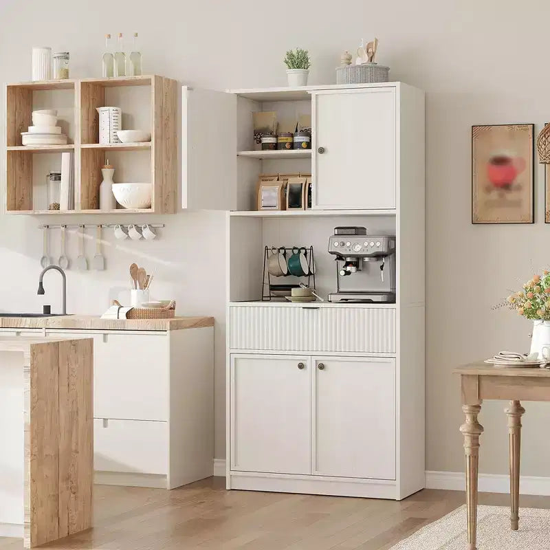 70 Tall Kitchen Pantry Cabinet, Fluted Wooden Cupboard Storage Cabinet with Adjustable Shelves, Freestanding Bathroom Storage Cabinet