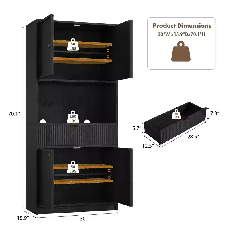 70 Tall Kitchen Pantry Cabinet, Fluted Wooden Cupboard Storage Cabinet with Adjustable Shelves, Freestanding Bathroom Storage Cabinet