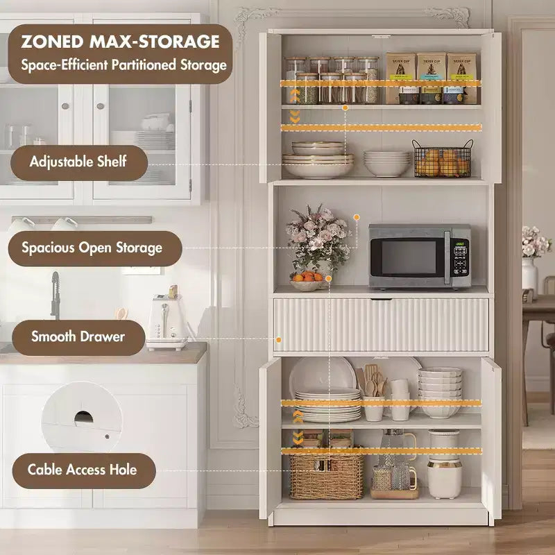70 Tall Kitchen Pantry Cabinet, Fluted Wooden Cupboard Storage Cabinet with Adjustable Shelves, Freestanding Bathroom Storage Cabinet