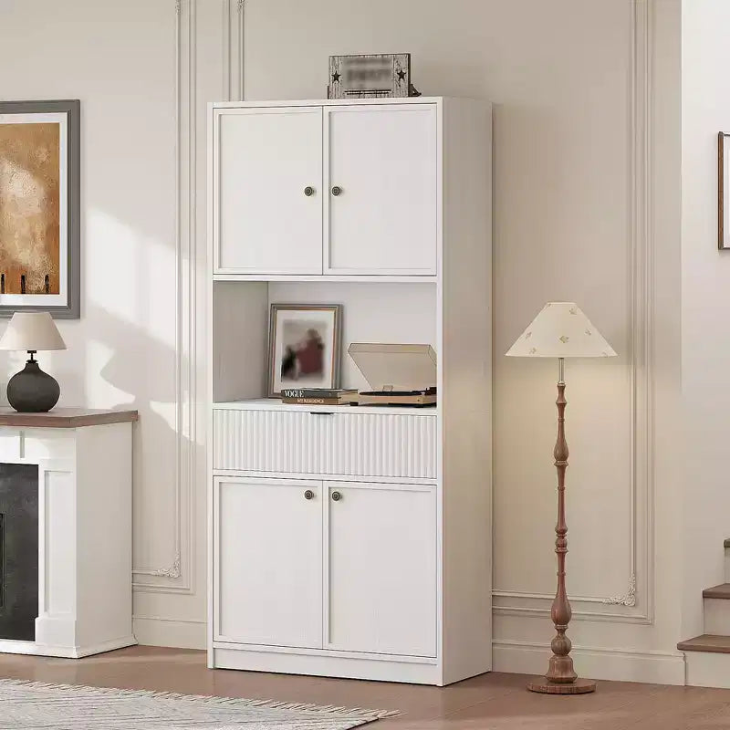 70 Tall Kitchen Pantry Cabinet, Fluted Wooden Cupboard Storage Cabinet with Adjustable Shelves, Freestanding Bathroom Storage Cabinet