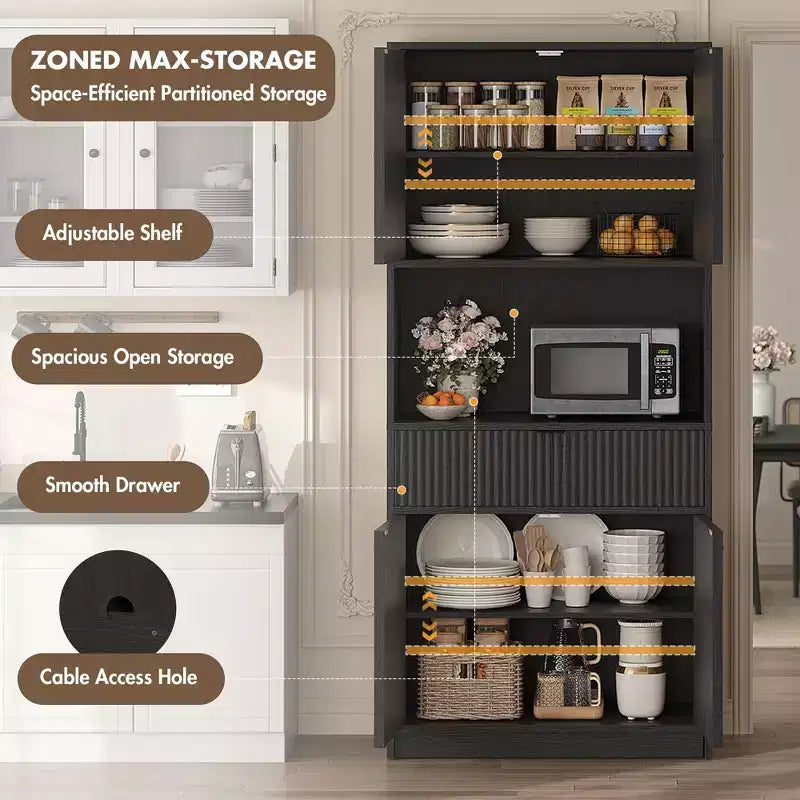 70 Tall Kitchen Pantry Cabinet, Fluted Wooden Cupboard Storage Cabinet with Adjustable Shelves, Freestanding Bathroom Storage Cabinet