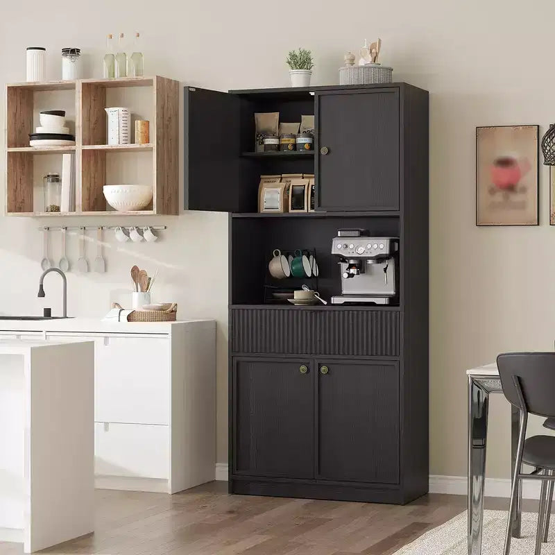 70 Tall Kitchen Pantry Cabinet, Fluted Wooden Cupboard Storage Cabinet with Adjustable Shelves, Freestanding Bathroom Storage Cabinet