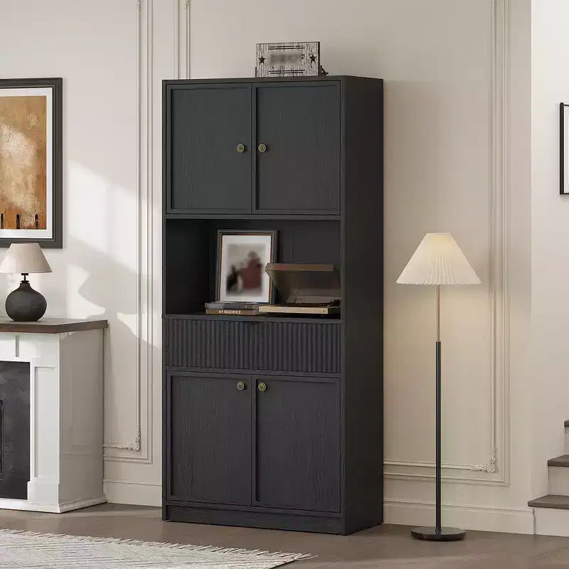 70 Tall Kitchen Pantry Cabinet, Fluted Wooden Cupboard Storage Cabinet with Adjustable Shelves, Freestanding Bathroom Storage Cabinet