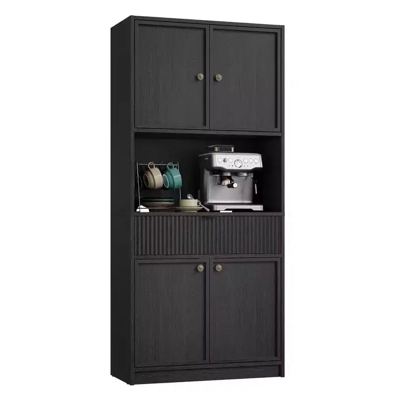 70 Tall Kitchen Pantry Cabinet, Fluted Wooden Cupboard Storage Cabinet with Adjustable Shelves, Freestanding Bathroom Storage Cabinet