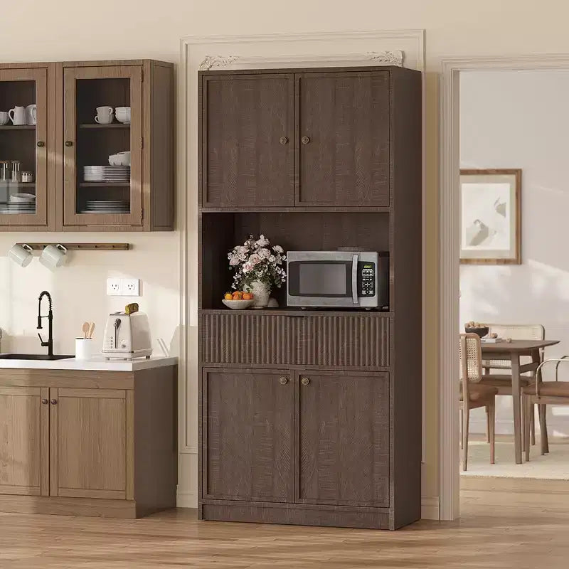 70 Tall Kitchen Pantry Cabinet, Fluted Wooden Cupboard Storage Cabinet with Adjustable Shelves, Freestanding Bathroom Storage Cabinet