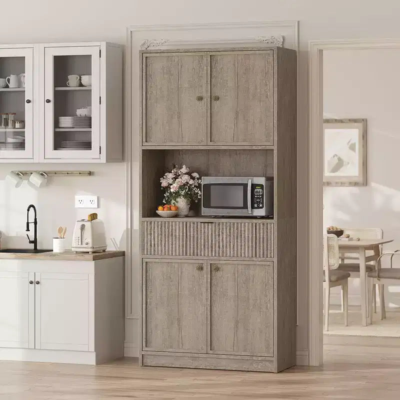 70 Tall Kitchen Pantry Cabinet, Fluted Wooden Cupboard Storage Cabinet with Adjustable Shelves, Freestanding Bathroom Storage Cabinet