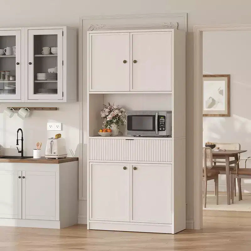 70 Tall Kitchen Pantry Cabinet, Fluted Wooden Cupboard Storage Cabinet with Adjustable Shelves, Freestanding Bathroom Storage Cabinet