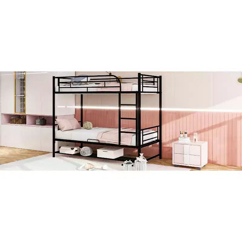 Metal Bunk Bed with Shelf and Guardrails, Bunk Beds Frame for Kids Teens & Adults