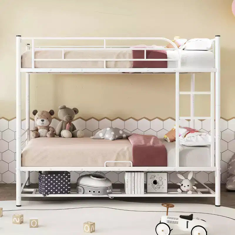 Metal Bunk Bed with Shelf and Guardrails, Bunk Beds Frame for Kids Teens & Adults