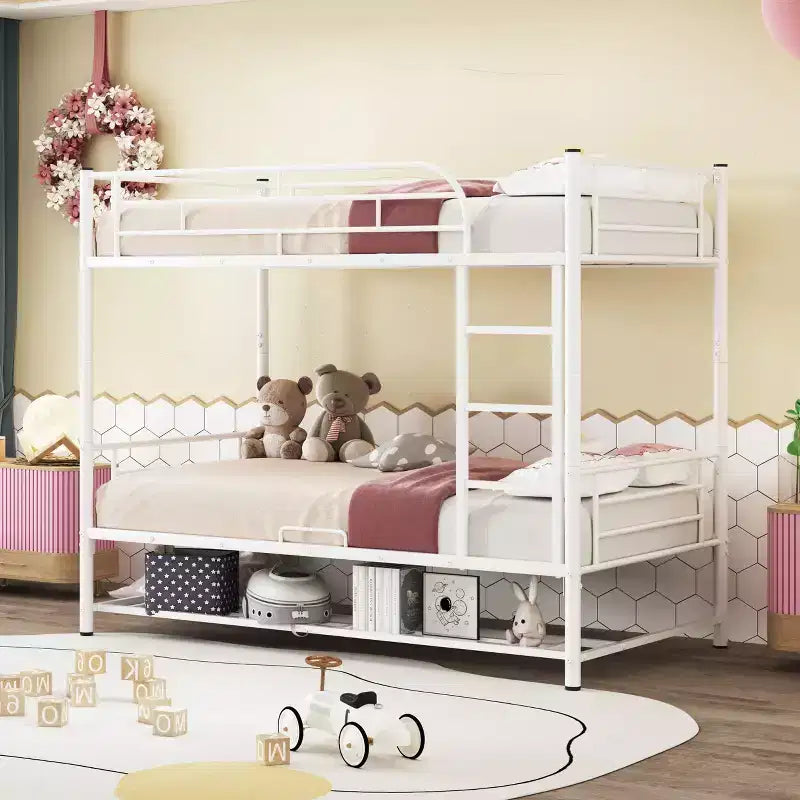 Metal Bunk Bed with Shelf and Guardrails, Bunk Beds Frame for Kids Teens & Adults