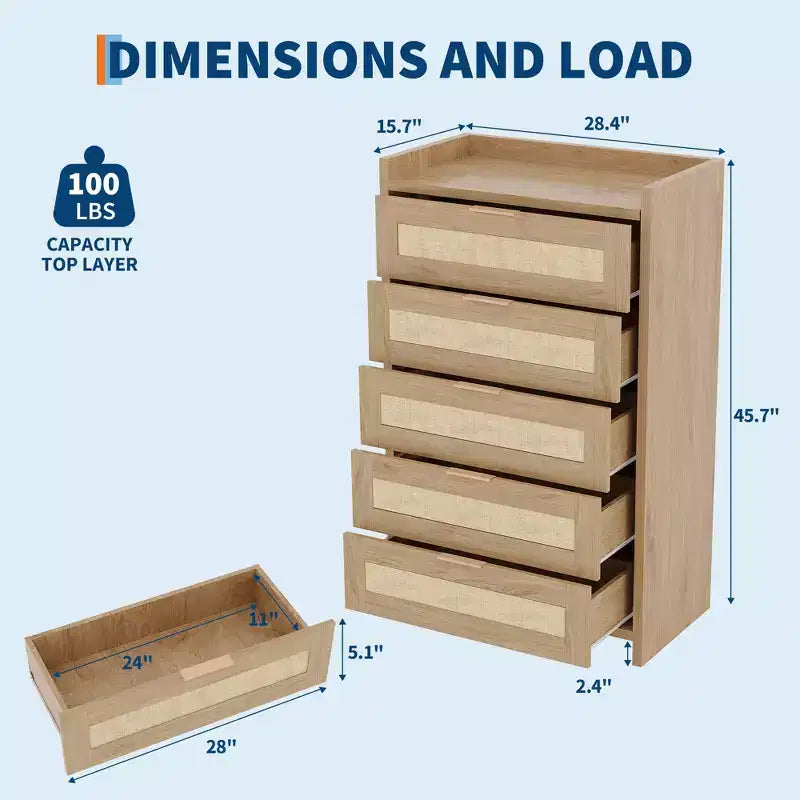 5 Drawer Dresser for Bedroom, Rattan Wood Chest of Drawers with Gold Handles, 45H Closet Dresser, Storage Dresser Organizer for Hallway