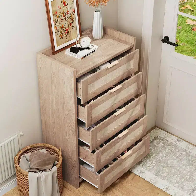 5 Drawer Dresser for Bedroom, Rattan Wood Chest of Drawers with Gold Handles, 45H Closet Dresser, Storage Dresser Organizer for Hallway