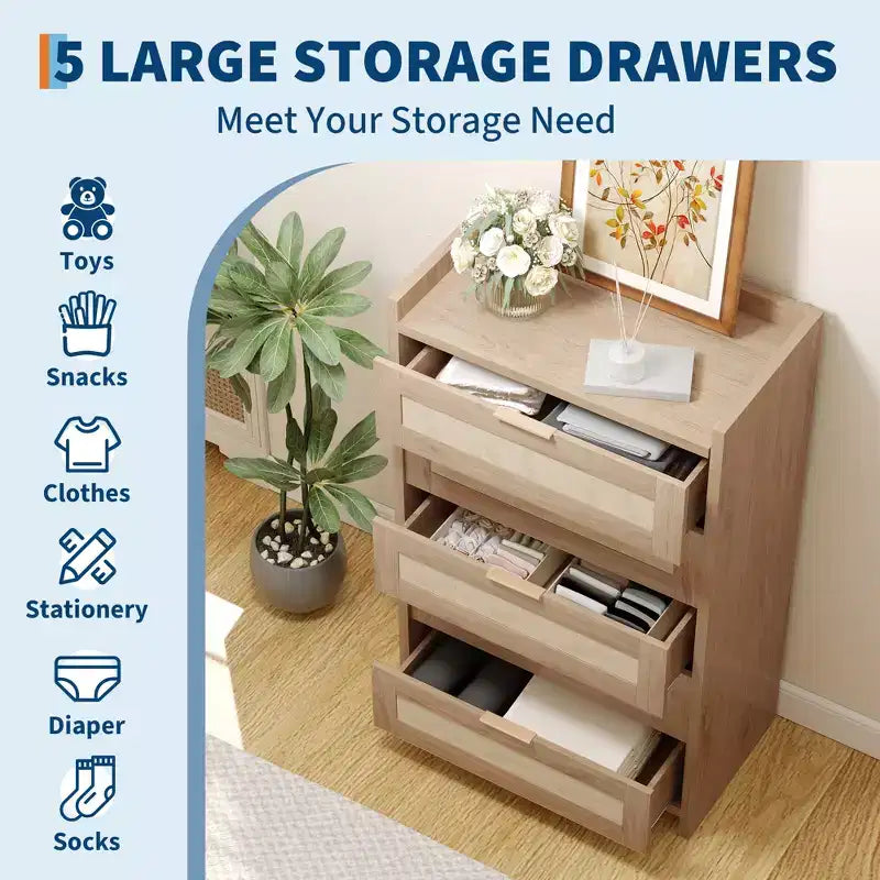 5 Drawer Dresser for Bedroom, Rattan Wood Chest of Drawers with Gold Handles, 45H Closet Dresser, Storage Dresser Organizer for Hallway