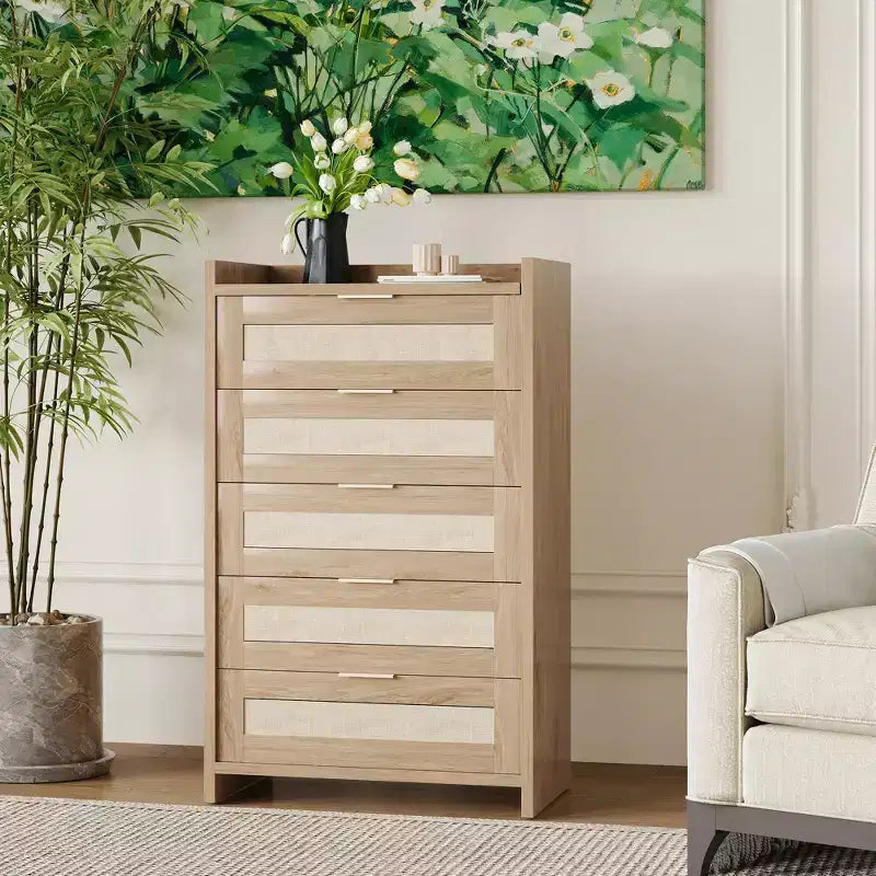 5 Drawer Dresser for Bedroom, Rattan Wood Chest of Drawers with Gold Handles, 45H Closet Dresser, Storage Dresser Organizer for Hallway