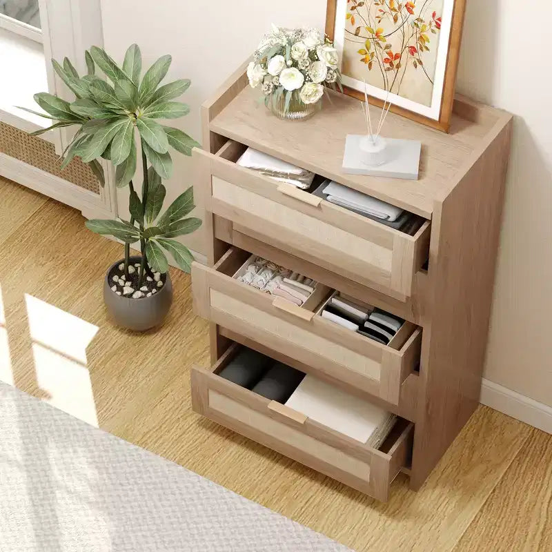 5 Drawer Dresser for Bedroom, Rattan Wood Chest of Drawers with Gold Handles, 45H Closet Dresser, Storage Dresser Organizer for Hallway