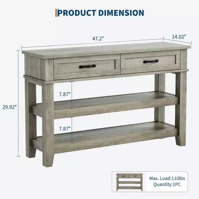 GustoWave Entryway Table, Console Table with 2 Storage Drawers, 3 Tier Farmhouse Wooden Sofa Table, Hallway Tables, Rustic Grey