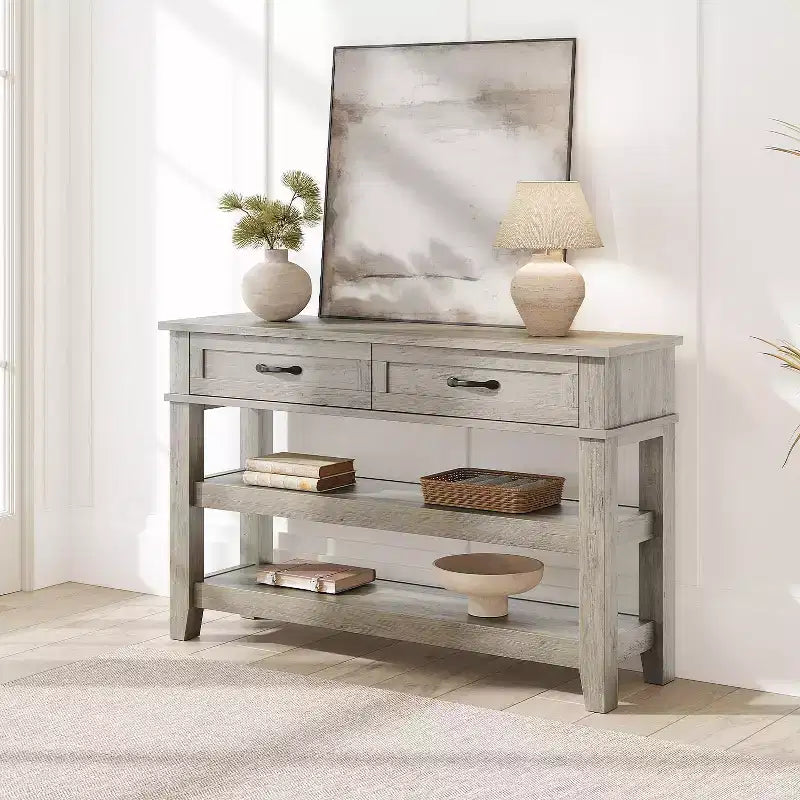 GustoWave Entryway Table, Console Table with 2 Storage Drawers, 3 Tier Farmhouse Wooden Sofa Table, Hallway Tables, Rustic Grey