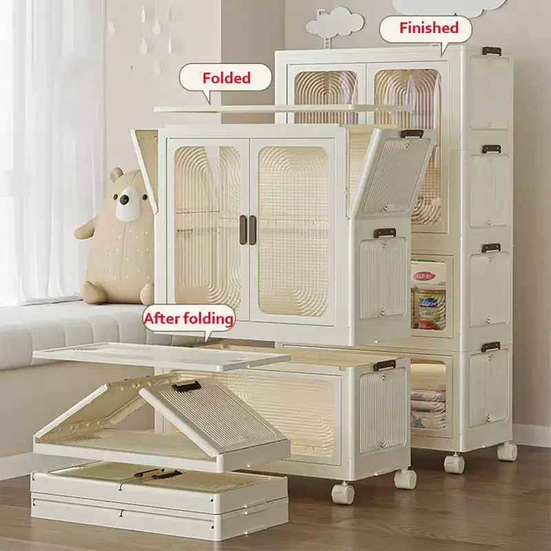 GustoWave 4-Tier Kids Wardrobe Closet - Portable Kids Closet with Doors & Wheels - Collapsible Baby Clothes Organizer with Hanging Rod & 10 Hangers