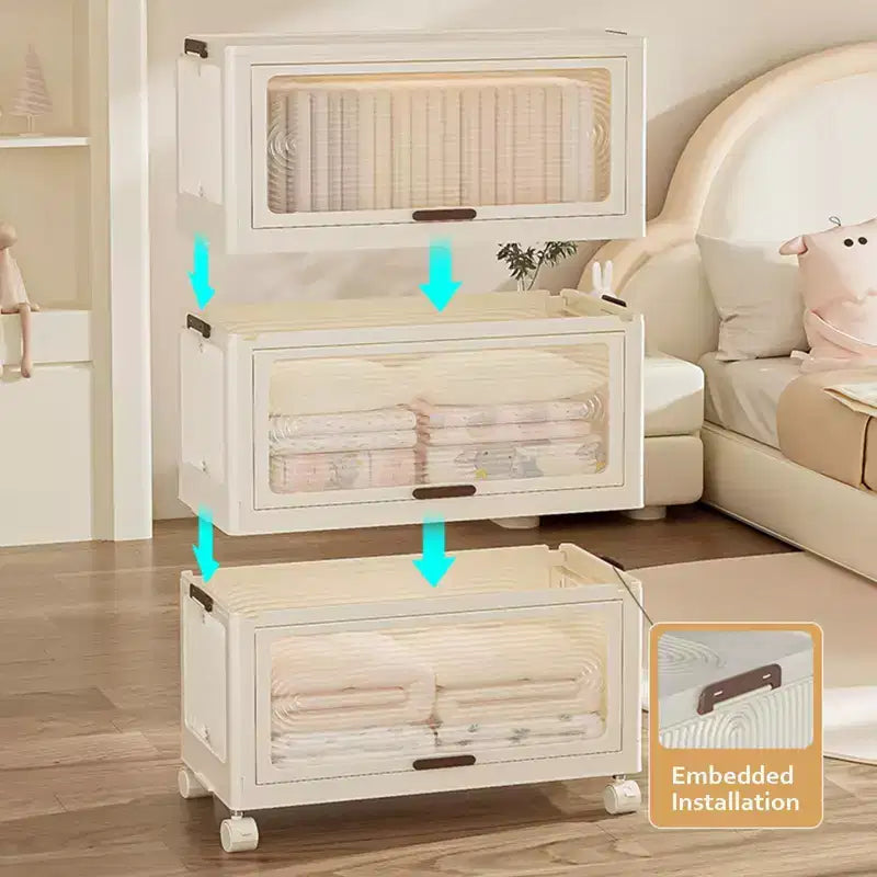 GustoWave 4-Tier Kids Wardrobe Closet - Portable Kids Closet with Doors & Wheels - Collapsible Baby Clothes Organizer with Hanging Rod & 10 Hangers