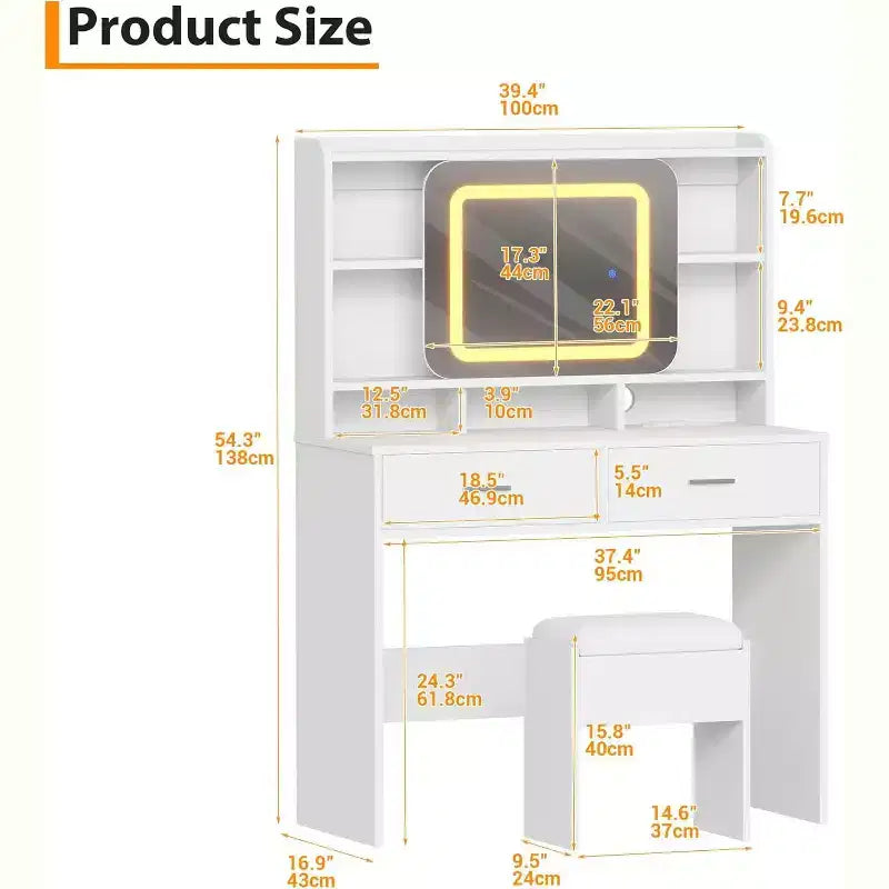 COZONY Vanity Desk with Lighted Mirror and Stool, Sliding Makeup Table with Storage Shelves and Drawers