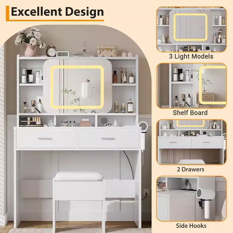 COZONY Vanity Desk with Lighted Mirror and Stool, Sliding Makeup Table with Storage Shelves and Drawers