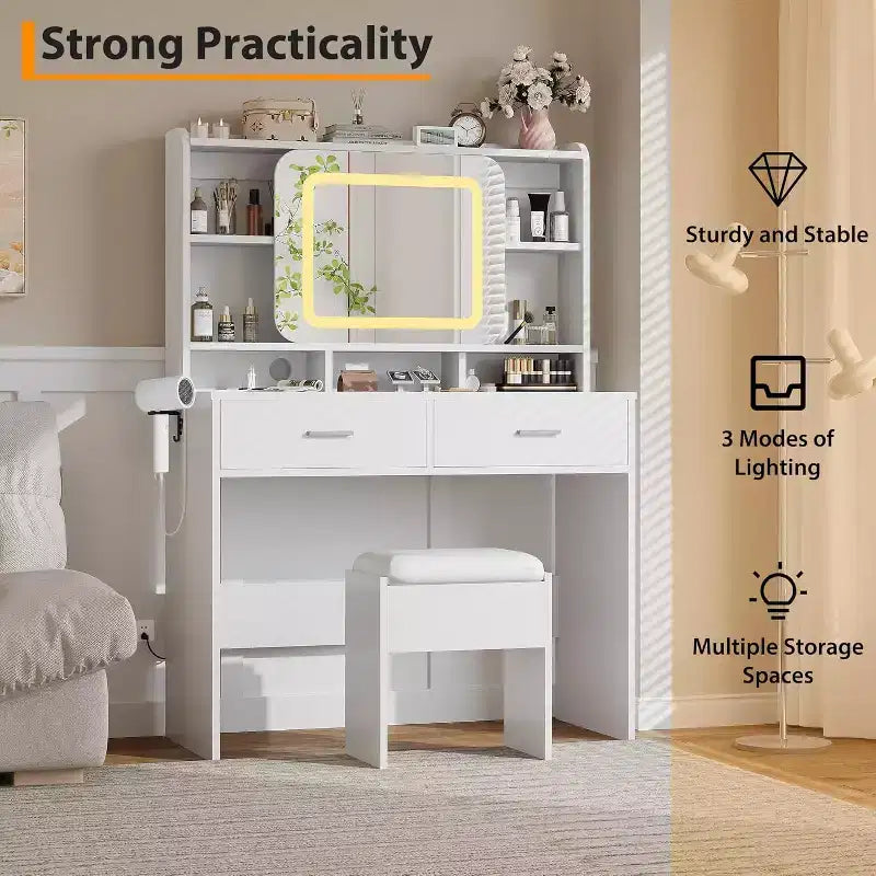 COZONY Vanity Desk with Lighted Mirror and Stool, Sliding Makeup Table with Storage Shelves and Drawers