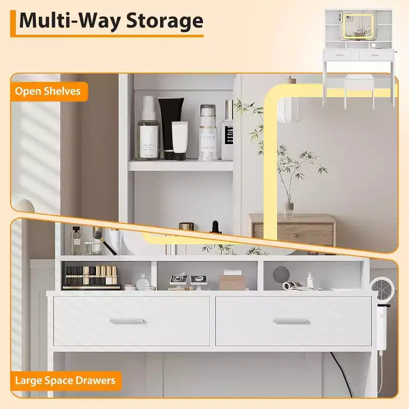 COZONY Vanity Desk with Lighted Mirror and Stool, Sliding Makeup Table with Storage Shelves and Drawers