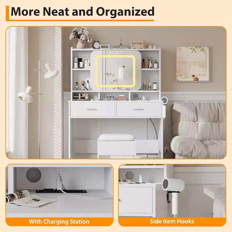 COZONY Vanity Desk with Lighted Mirror and Stool, Sliding Makeup Table with Storage Shelves and Drawers