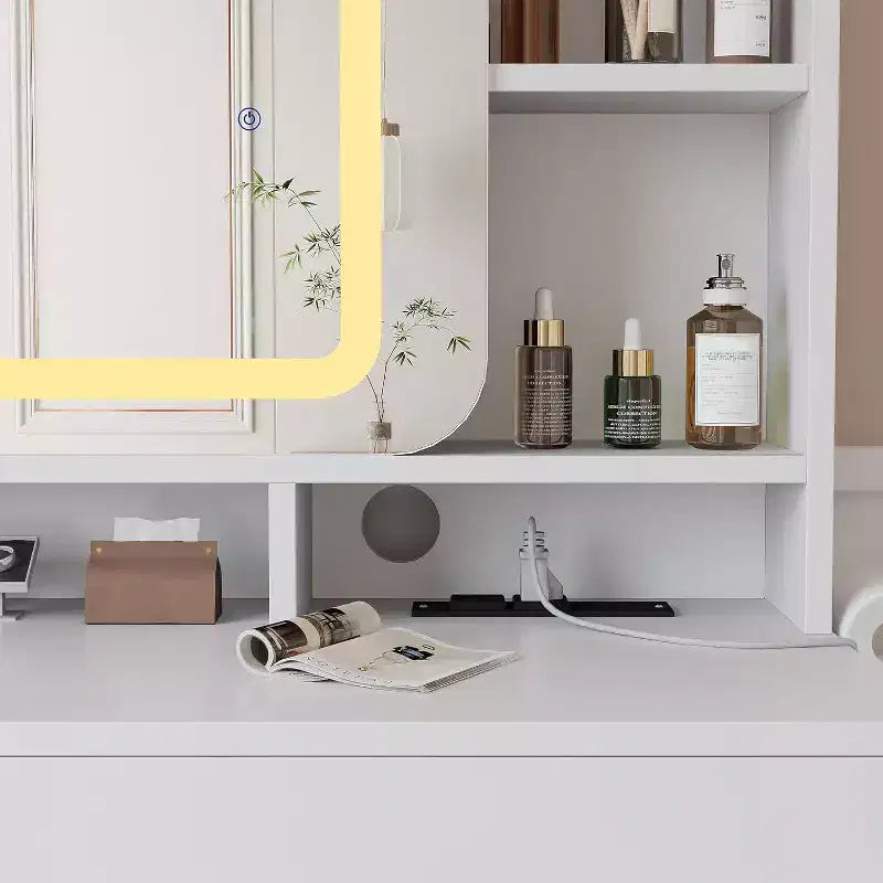 COZONY Vanity Desk with Lighted Mirror and Stool, Sliding Makeup Table with Storage Shelves and Drawers