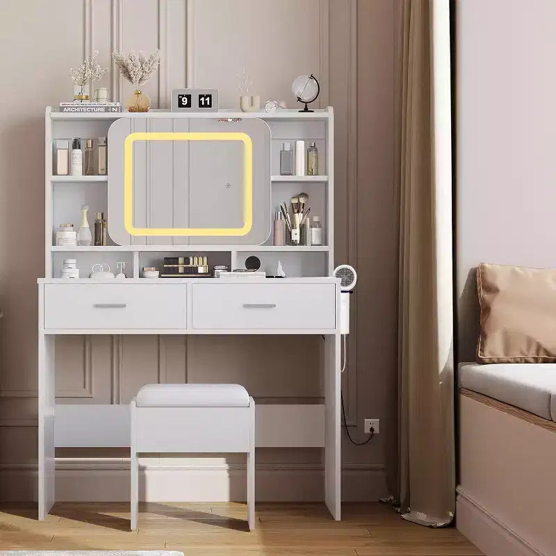 COZONY Vanity Desk with Lighted Mirror and Stool, Sliding Makeup Table with Storage Shelves and Drawers