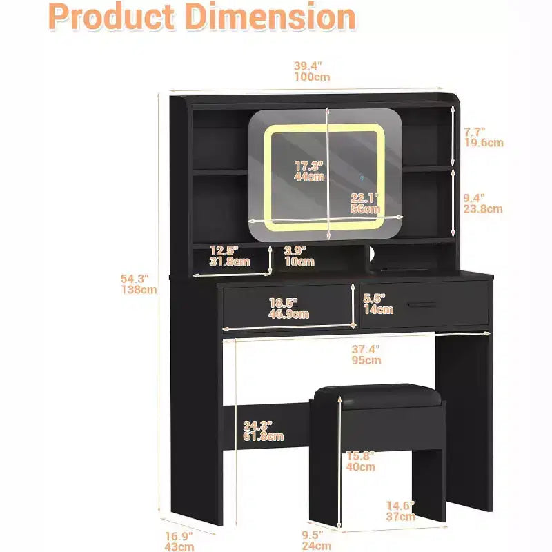COZONY Vanity Desk with Lighted Mirror and Stool, Sliding Makeup Table with Storage Shelves and Drawers