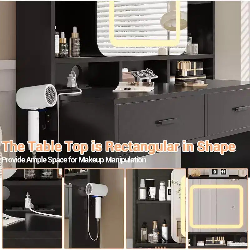 COZONY Vanity Desk with Lighted Mirror and Stool, Sliding Makeup Table with Storage Shelves and Drawers