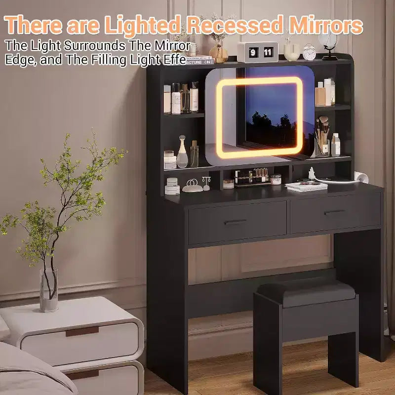 COZONY Vanity Desk with Lighted Mirror and Stool, Sliding Makeup Table with Storage Shelves and Drawers