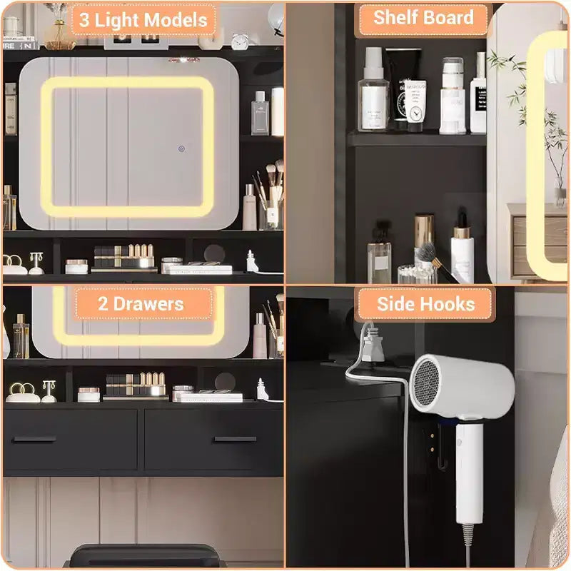 COZONY Vanity Desk with Lighted Mirror and Stool, Sliding Makeup Table with Storage Shelves and Drawers