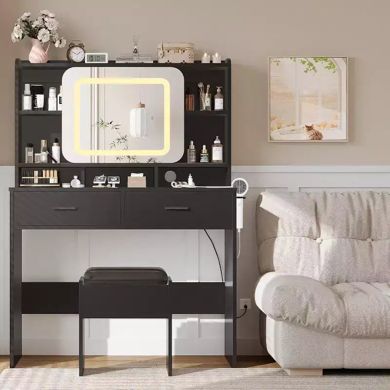 COZONY Vanity Desk with Lighted Mirror and Stool, Sliding Makeup Table with Storage Shelves and Drawers